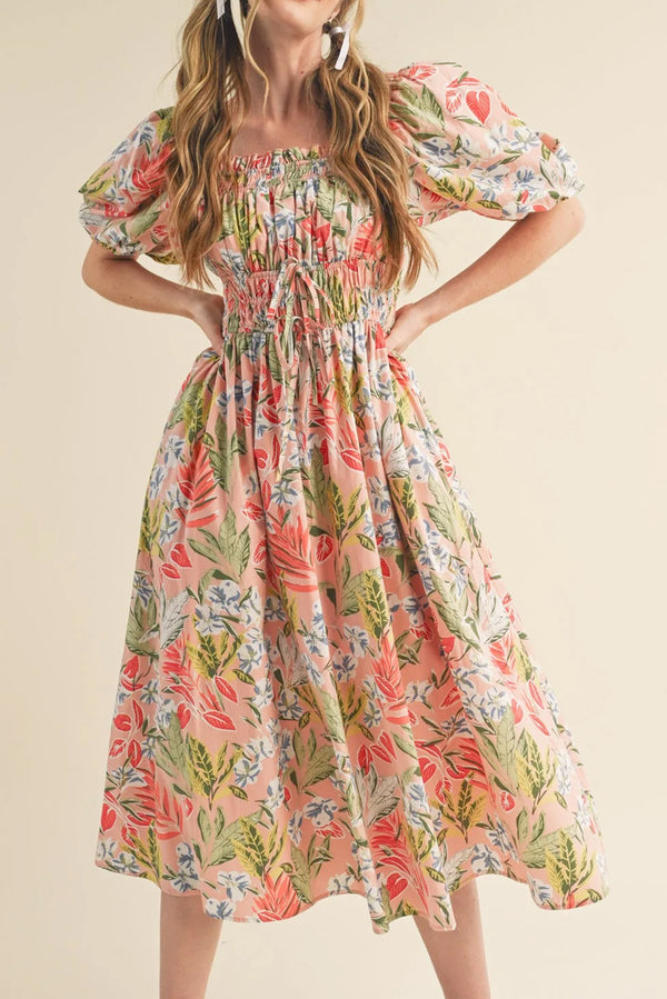 Robe longue femme floral, smocké, manches courtes, maxi — abricot