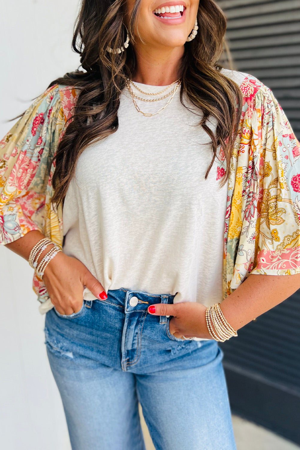 Blouse femme floral, patchwork — beige