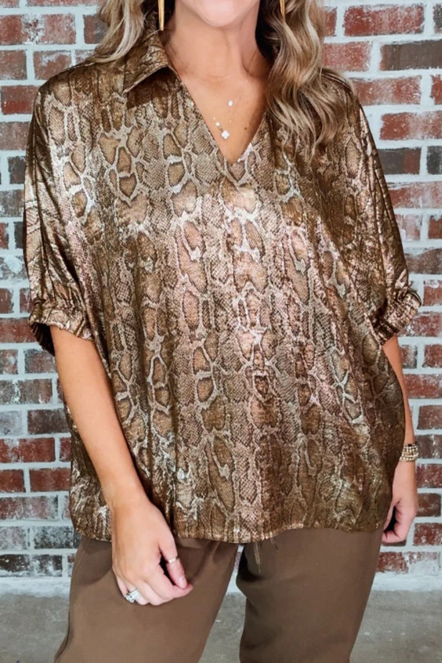 Blouse femme léopard, métallisé, manches courtes, col V — marron