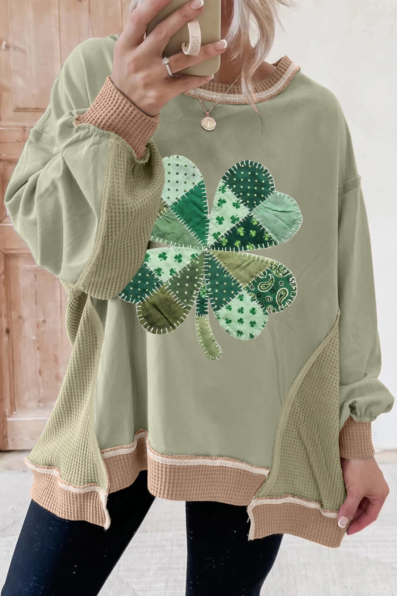 Sweat femme gaufré, colorblock — vert-P2809
