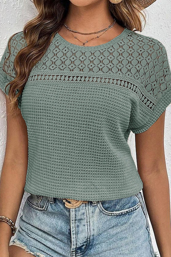 Haut femme patchwork, gaufré, manches courtes — vert