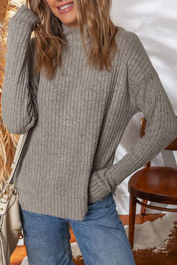 Pull femme en maille, col montant, côtelé — gris