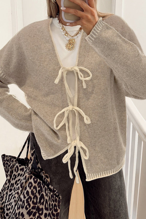 Pale Khaki Tied Front Drop Shoulder Chunky Casual Cardigan femme