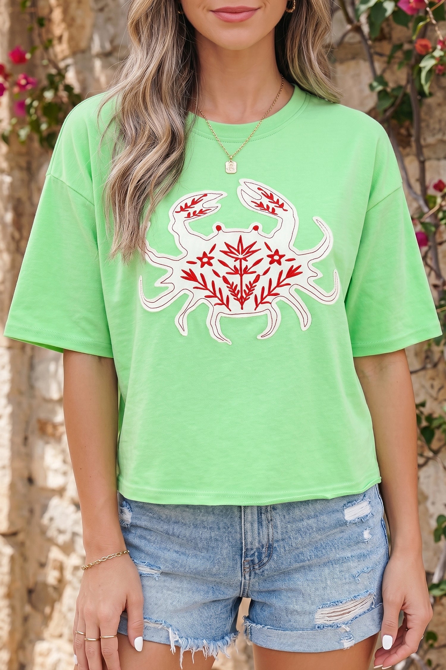 T-shirt femme brodé, col rond, ample — vert