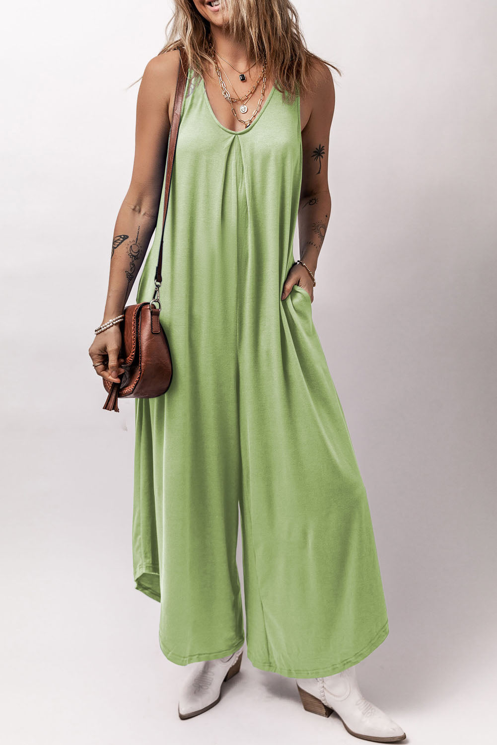Combinaison femme poches, sans manches, col V, jambe large — vert