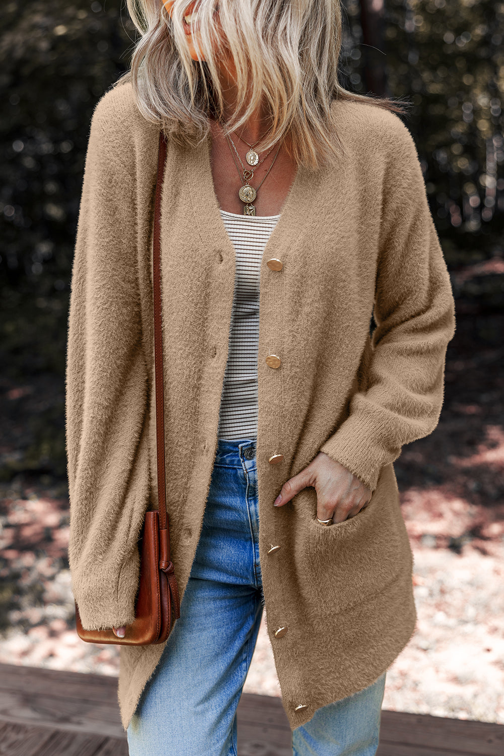 Smoke Gray Fuzzy Buttoned Front Midi Solid Cardigan femme