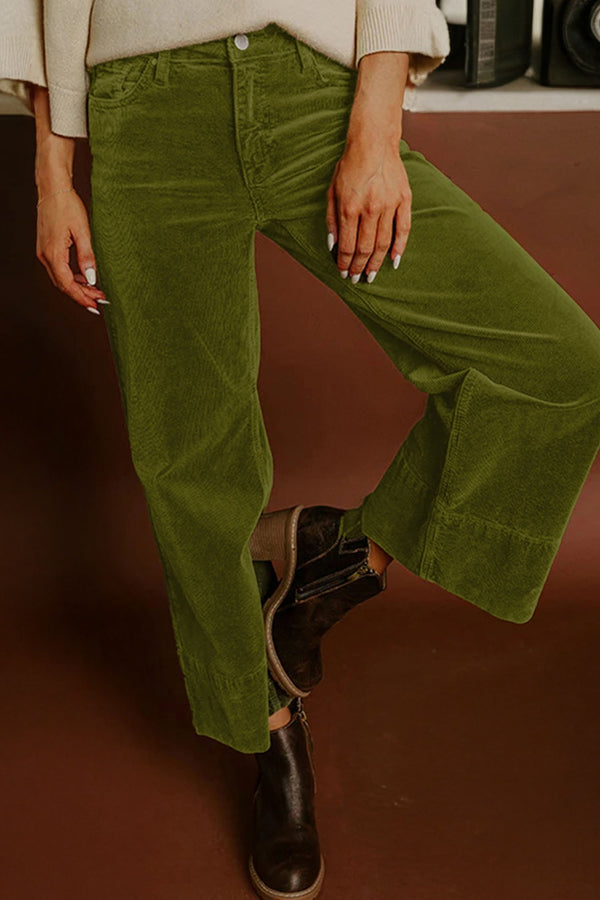Pantalon femme taille haute, jambe large, uni — vert