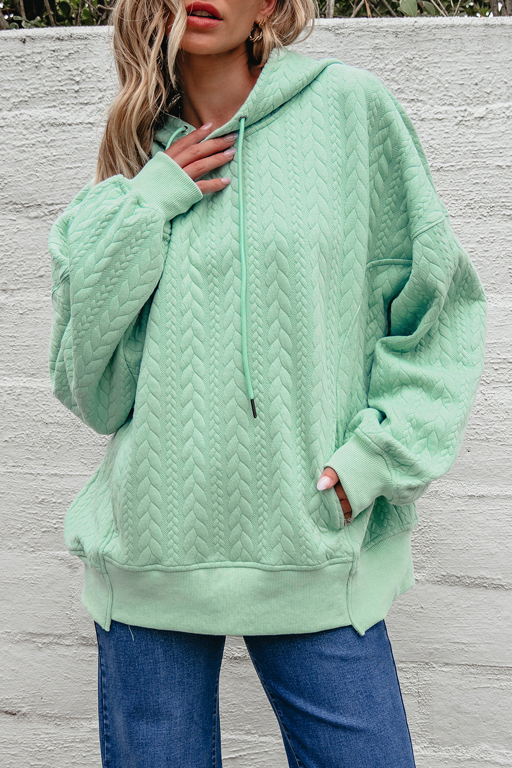 Moonlight Jade Cable Textured Baggy Solid Hoodie femme