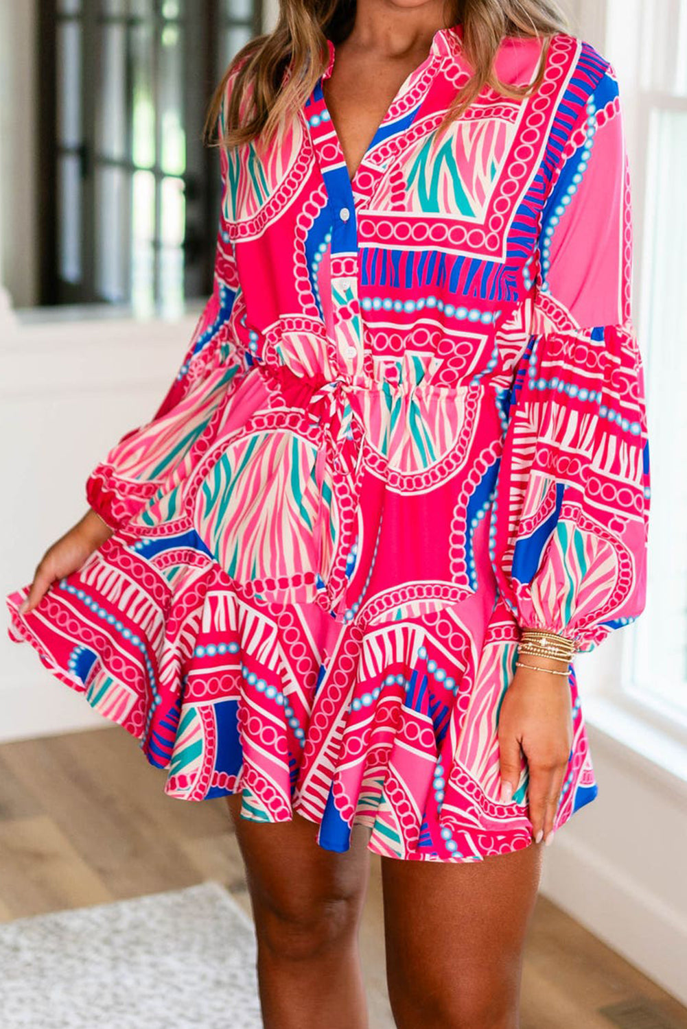 Robe courte femme à volants, à cordon, manches bouffantes