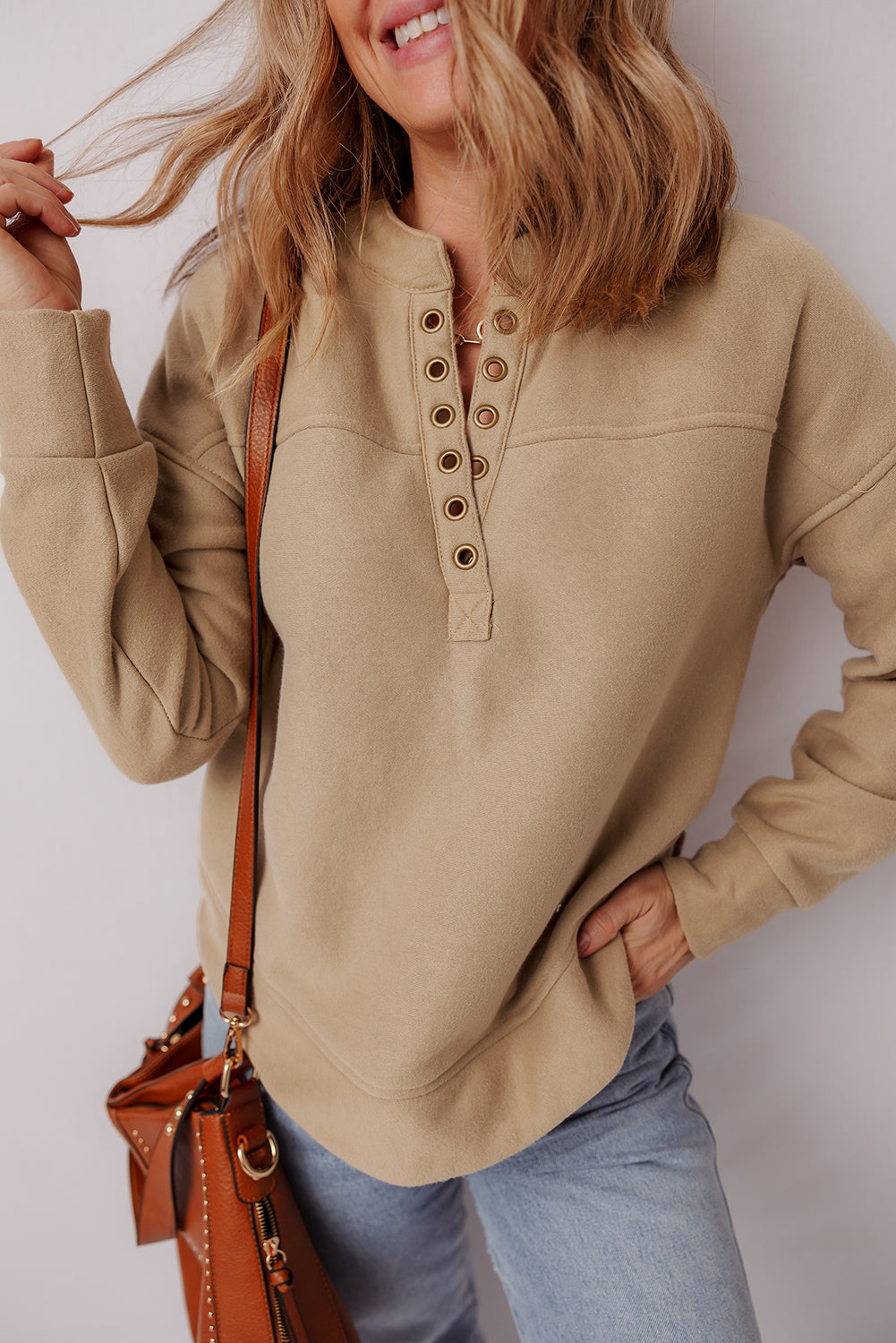 Sweat femme col V — beige