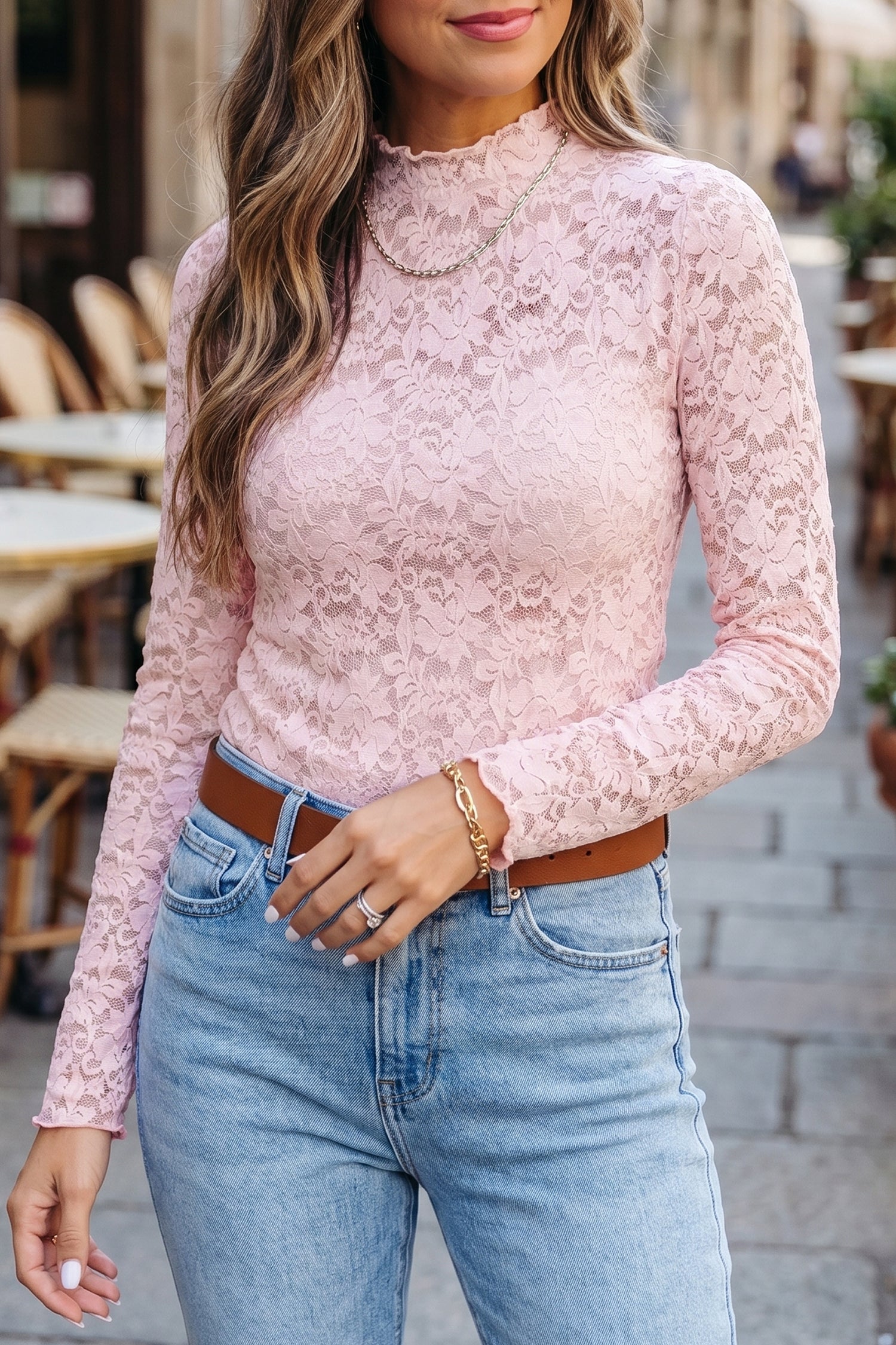 Pull femme floral, manches longues — rose clair