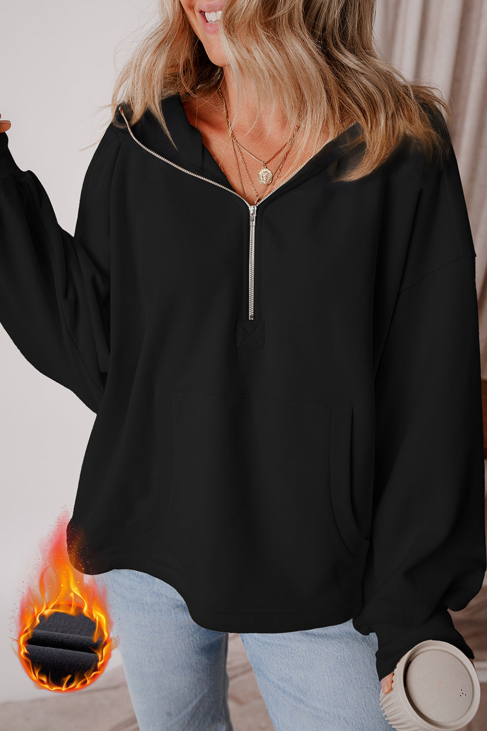 Black Fleece Lined Half Zipper Kangaroo Pockets Loose Hoodie femme