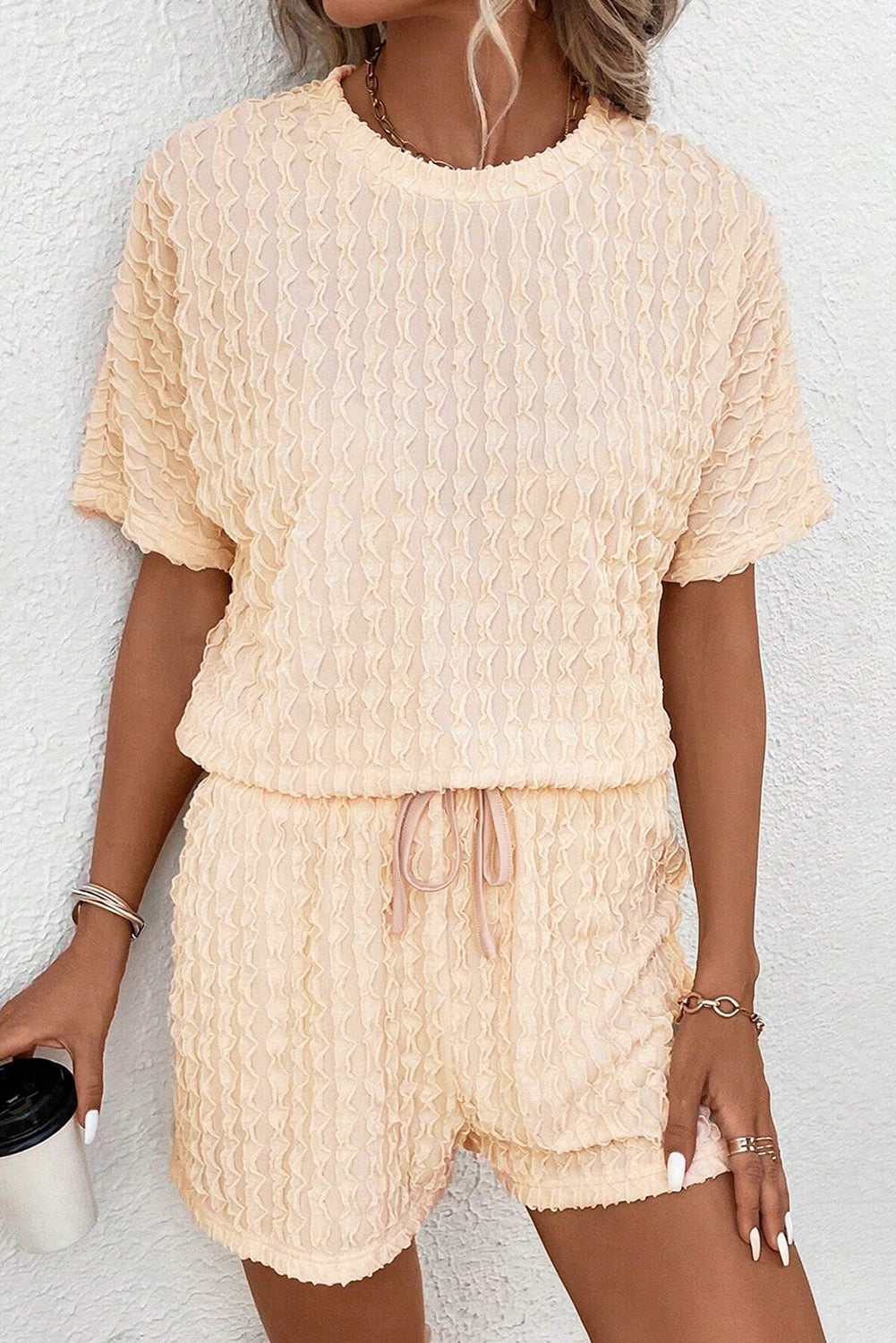 Ensemble femme à cordon, manches courtes — beige