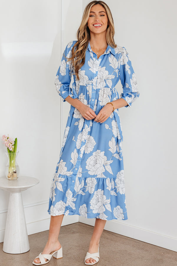 Robe femme floral, à volants, boutonnée — bleu ciel