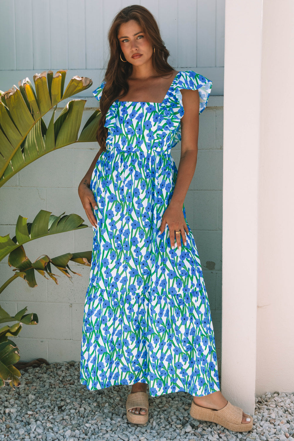 Robe longue femme floral, à volants, bretelles, maxi — bleu