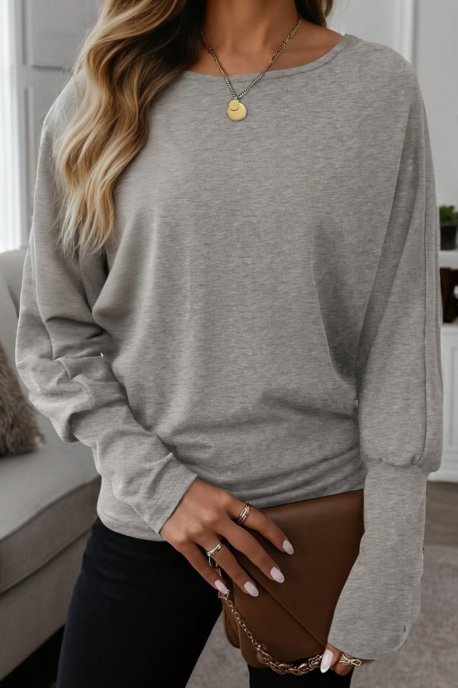 Haut femme manches longues, uni — gris clair