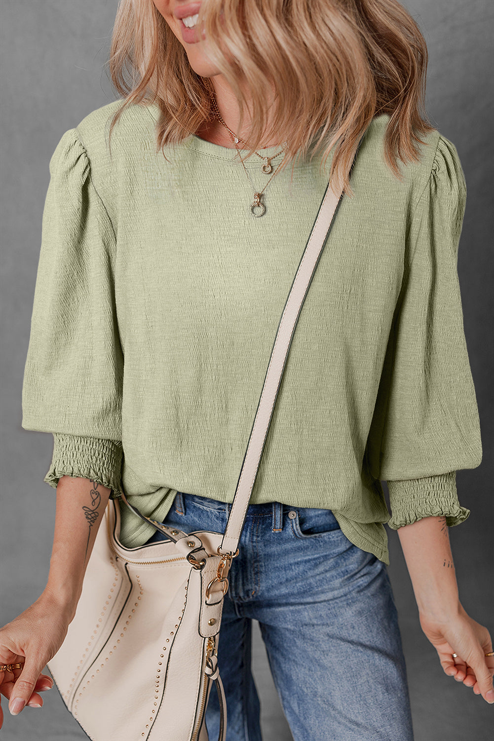 Blouse femme manches 3/4, col rond — vert
