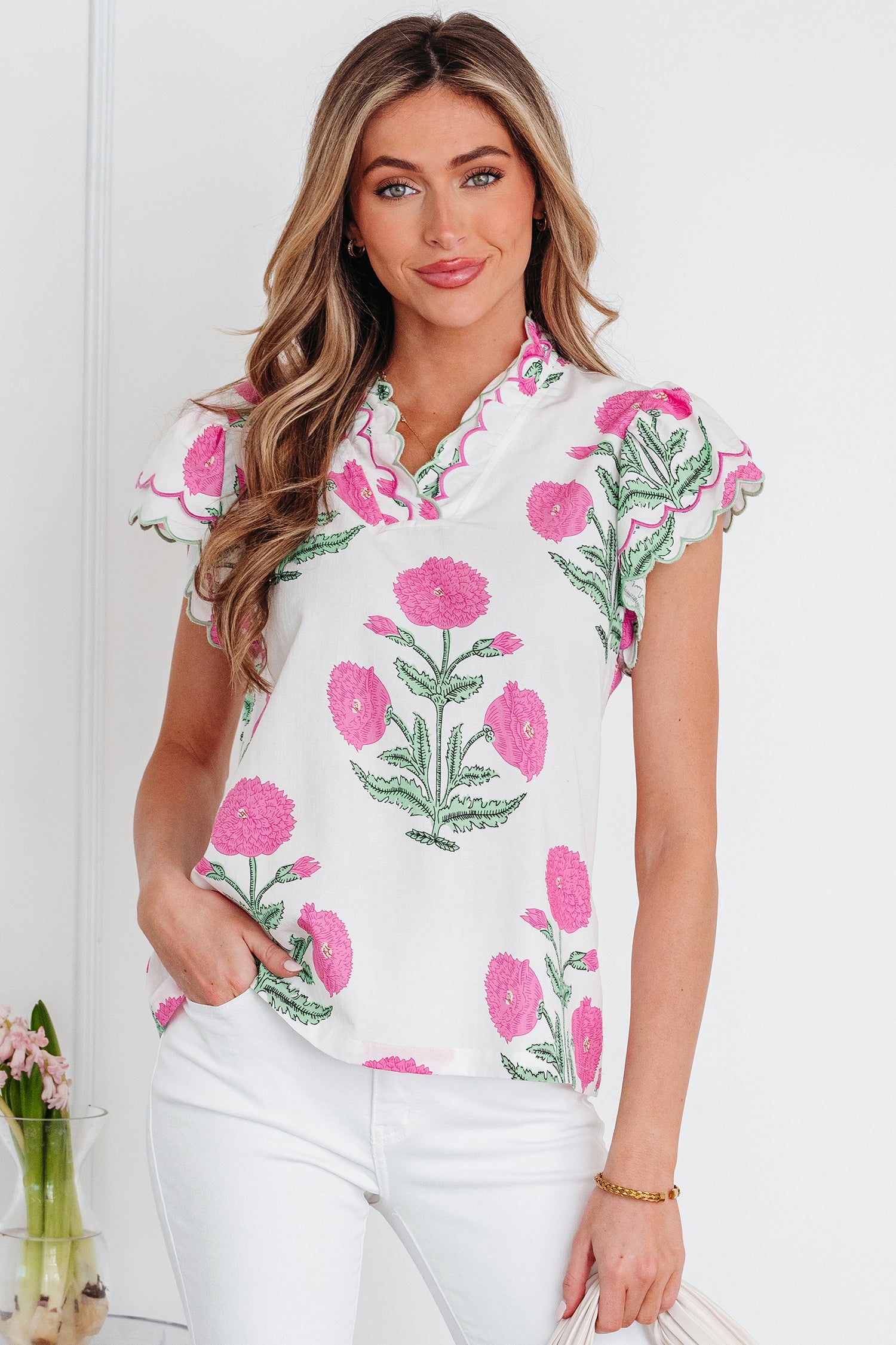 Blouse femme manches courtes, festonné, bordure contrastée — rose
