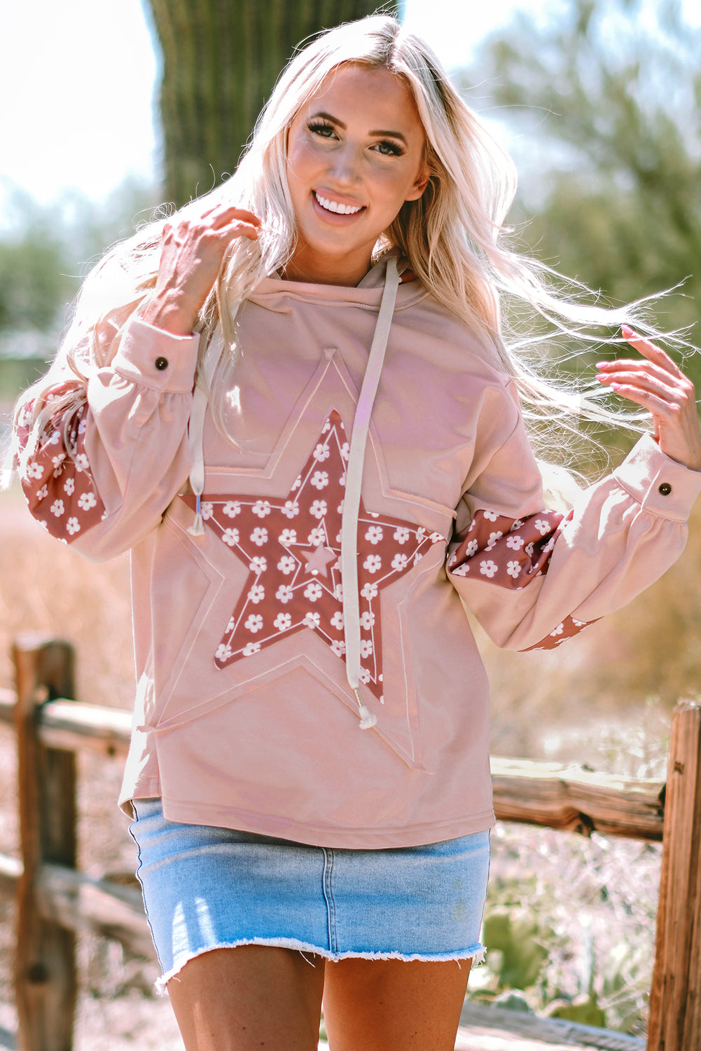 Delicacy Floral Patchwork Star Pattern Drawstring Hoodie femme