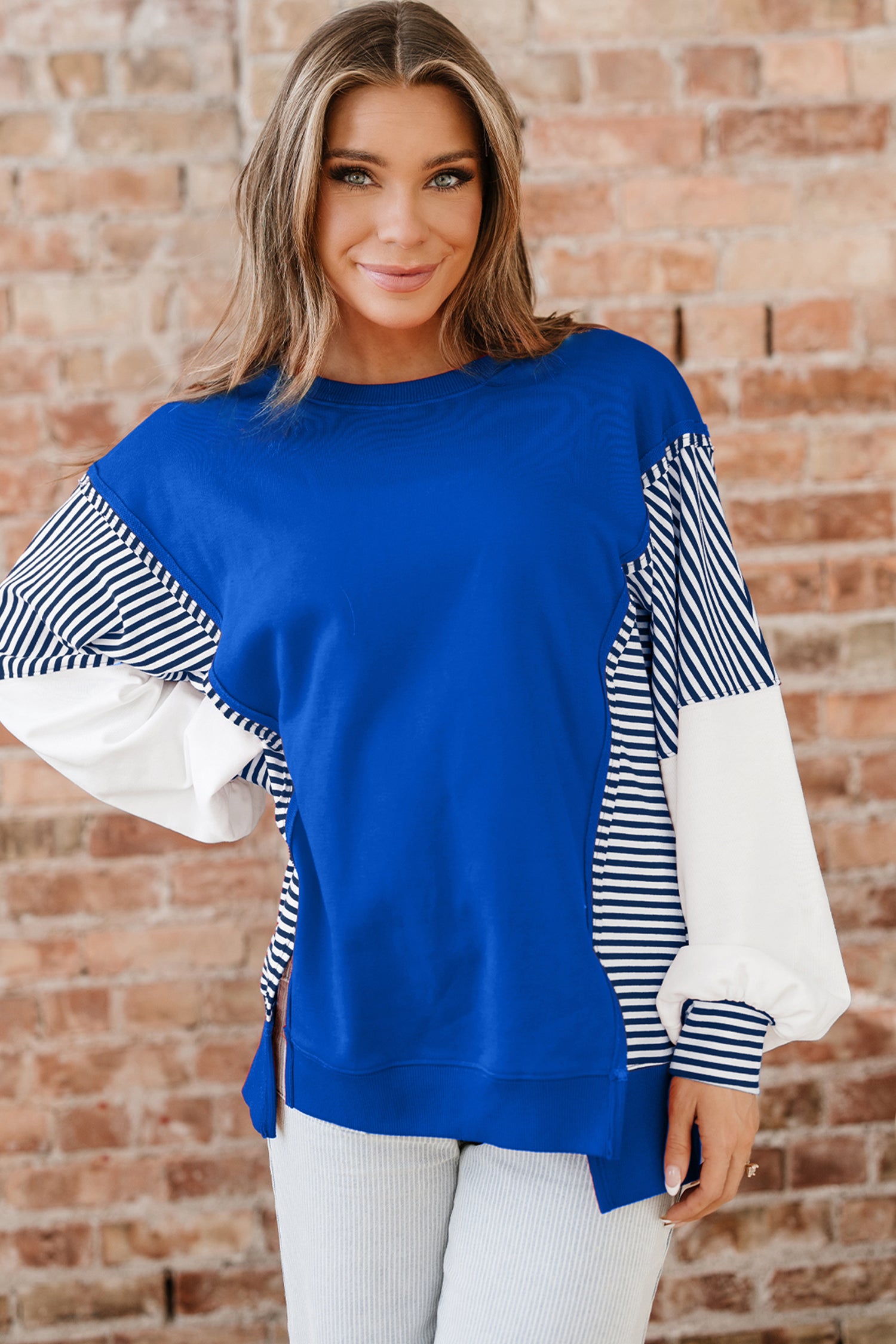 Sweat femme rayé, patchwork, colorblock — bleu foncé