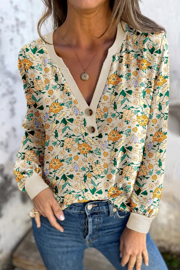 Haut femme floral, boutonnée, manches longues, col V — kaki