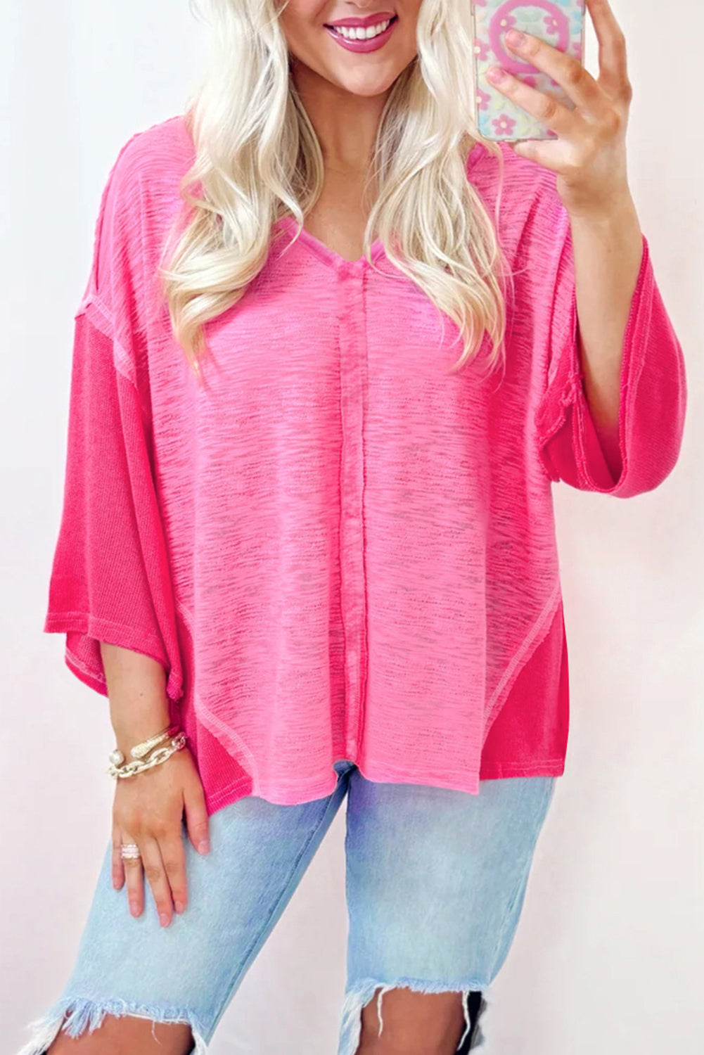 Blouse femme patchwork, col V, ample — rose