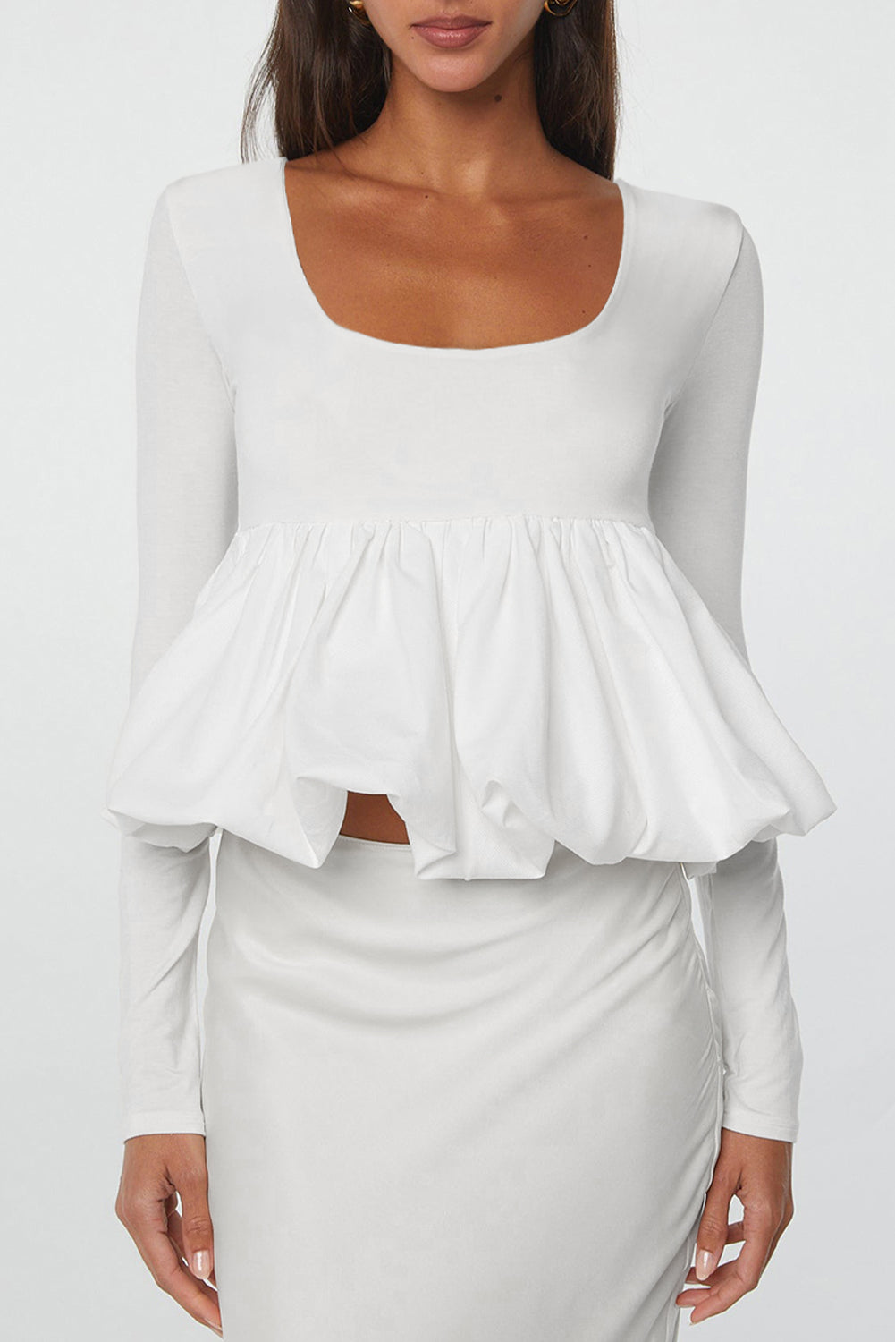 Haut femme manches longues, col U — blanc