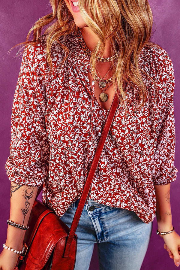 Blouse femme floral, smocké — bordeaux