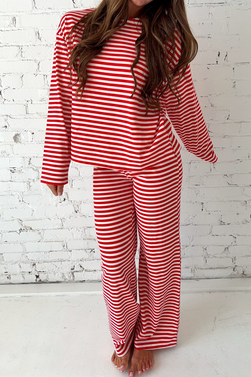 Ensemble femme rayé, manches longues, épaules tombantes — rouge