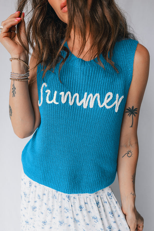 Pull femme graphique, sans manches — bleu