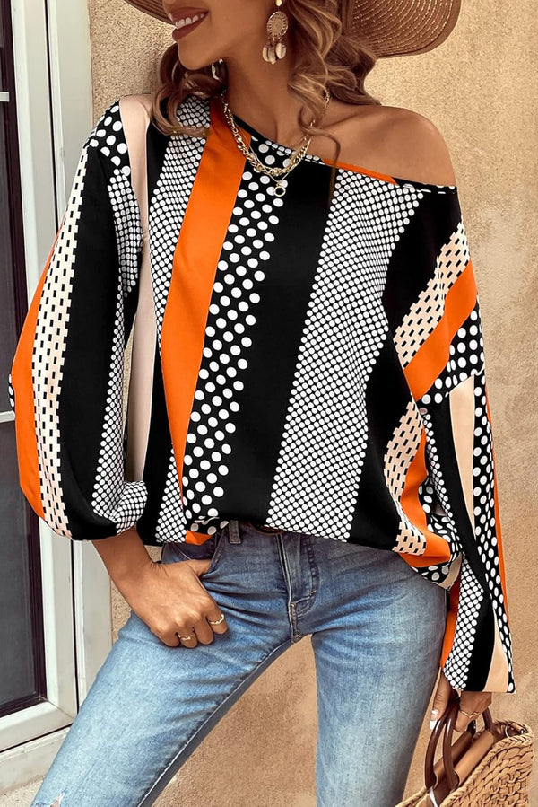 Blouse femme pois, rayé, manches bouffantes — orange