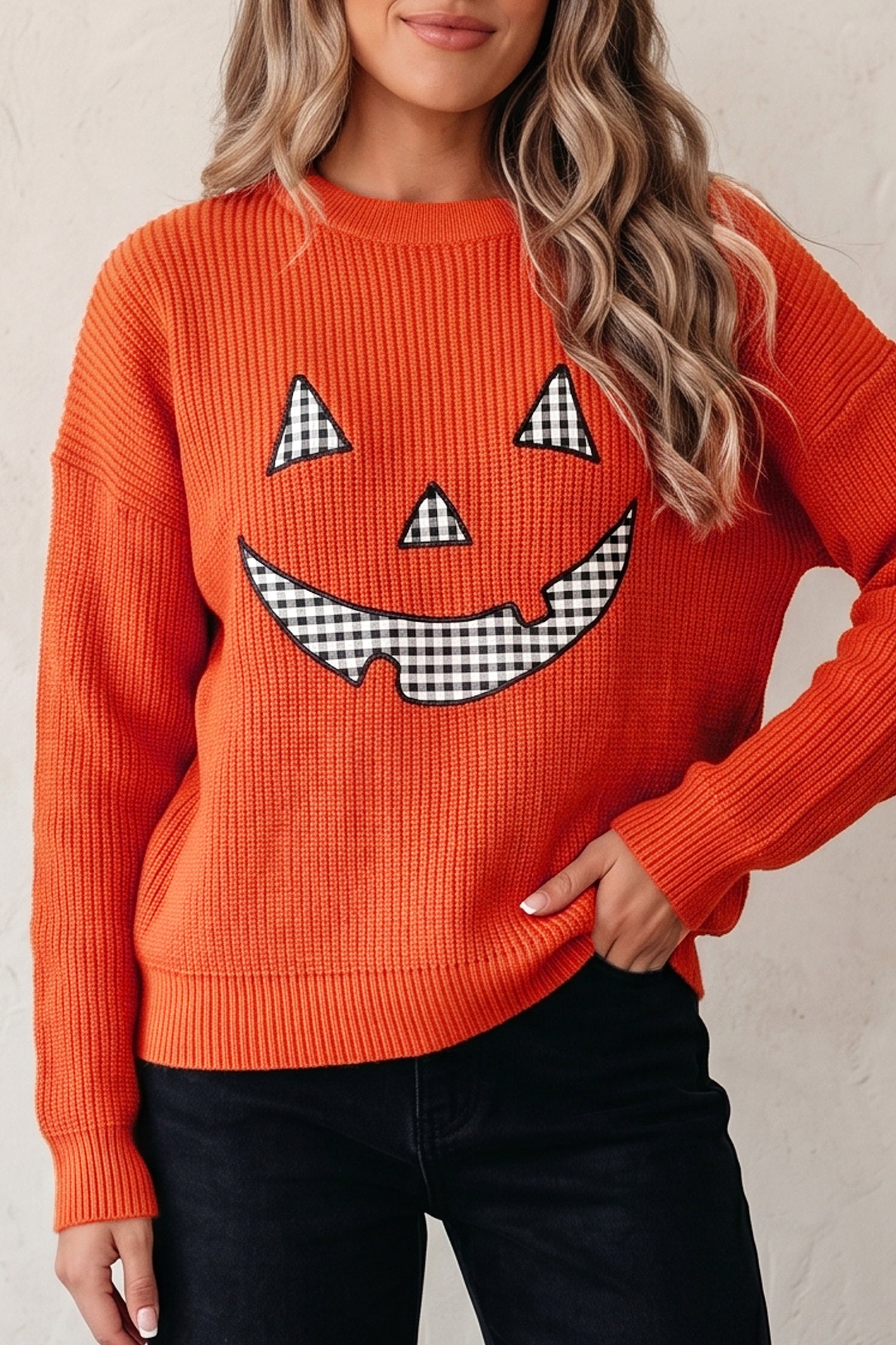 Pull femme manches longues, épaules tombantes, col rond — orange