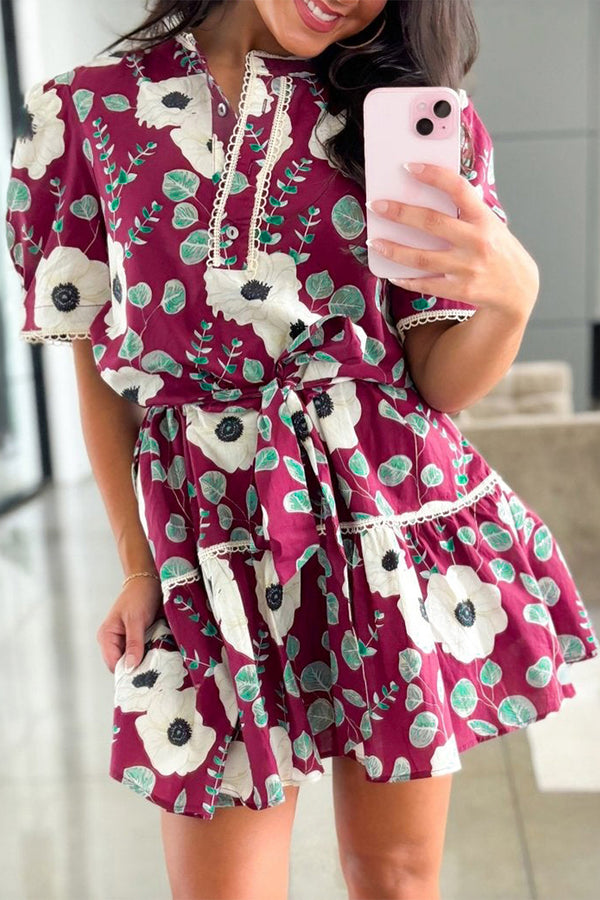 Robe courte femme floral, manches bouffantes — rouge