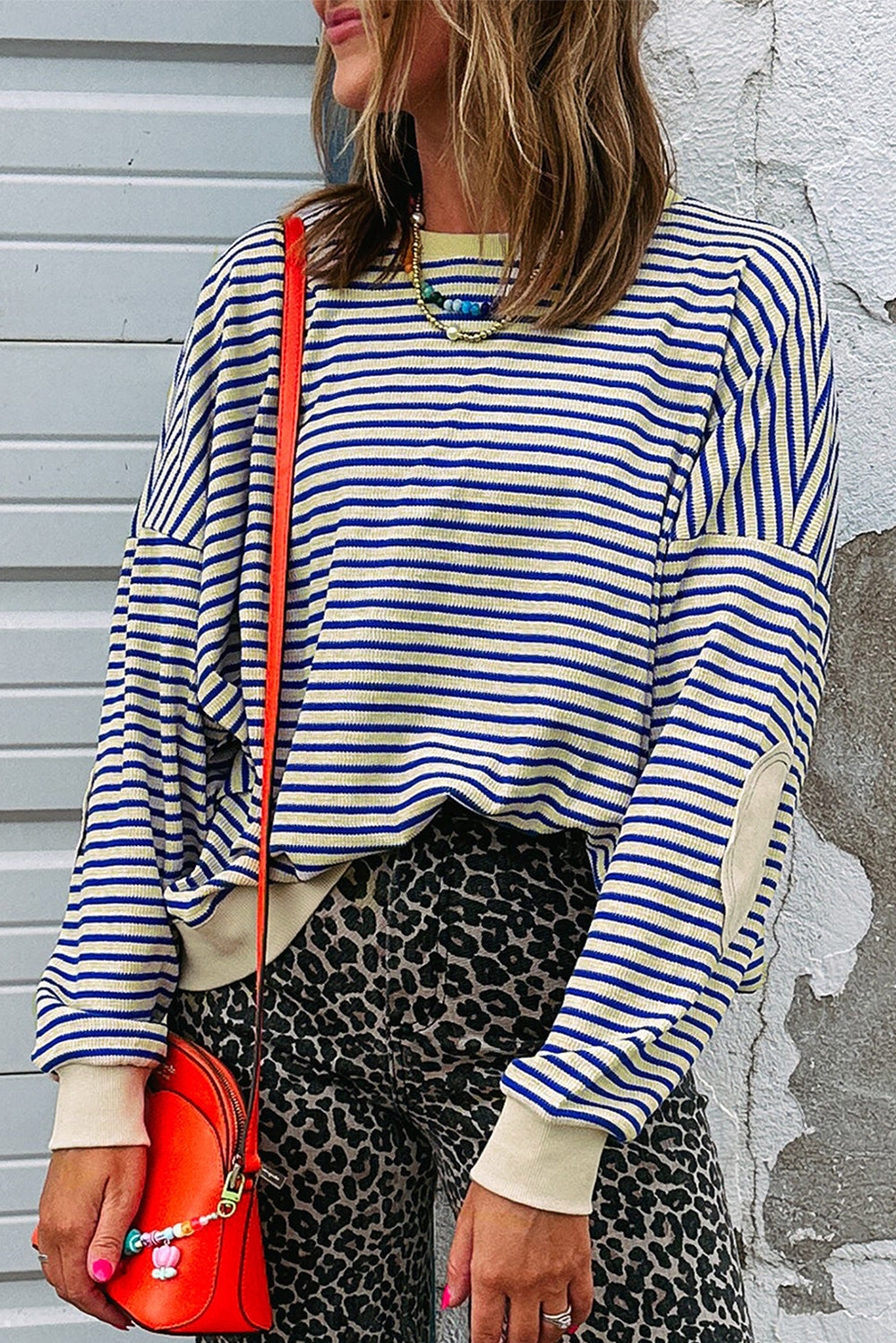 Sweat femme rayé, épaules tombantes, col rond — bleu