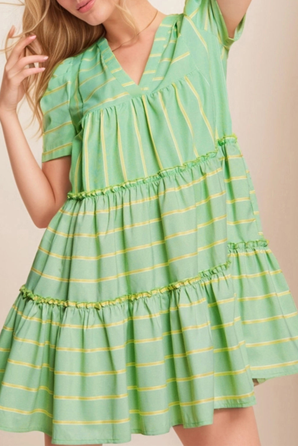 Robe femme rayé, manches courtes, col V — vert
