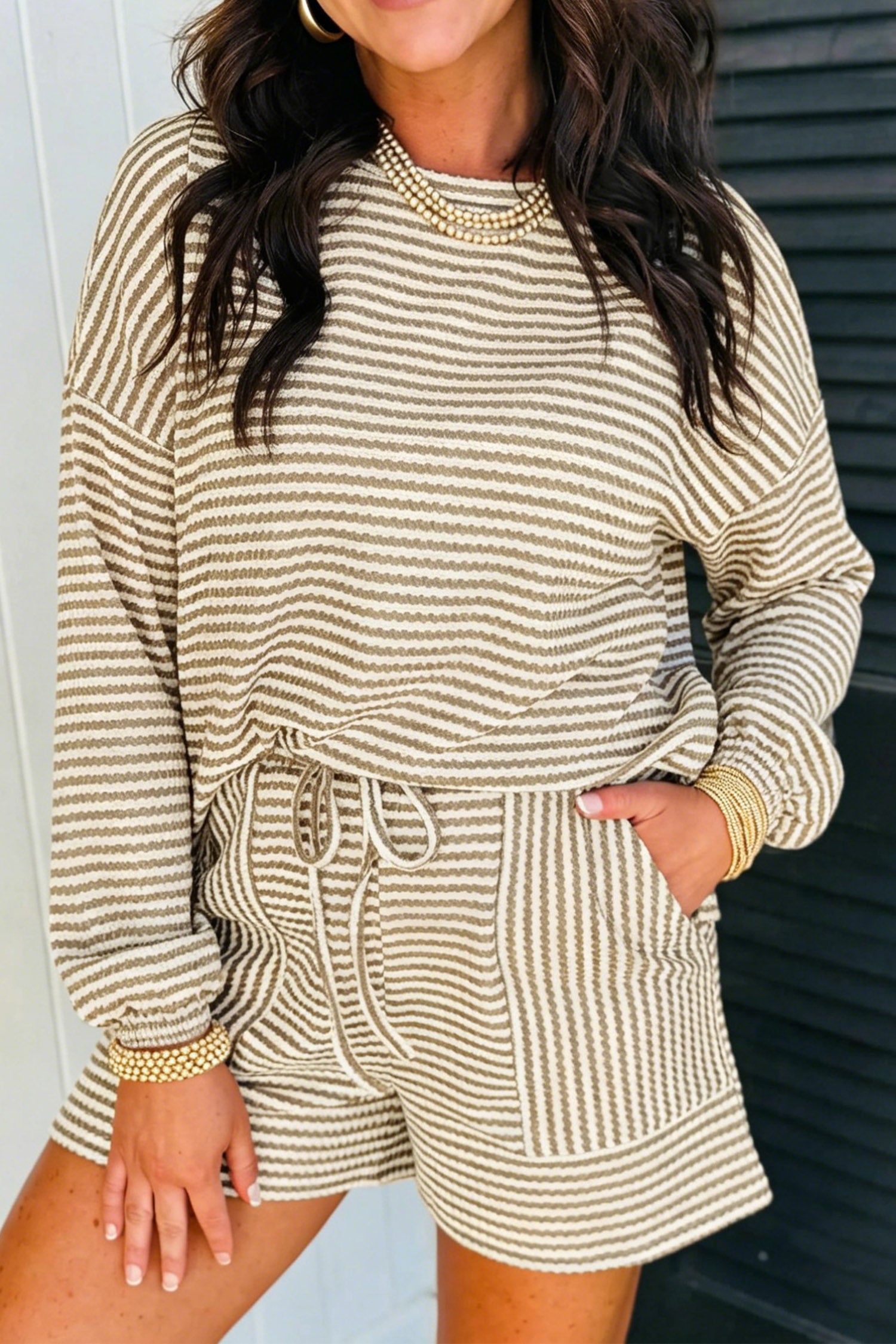 Ensemble femme rayé, en maille, manches longues, taille élastique, casual — marron