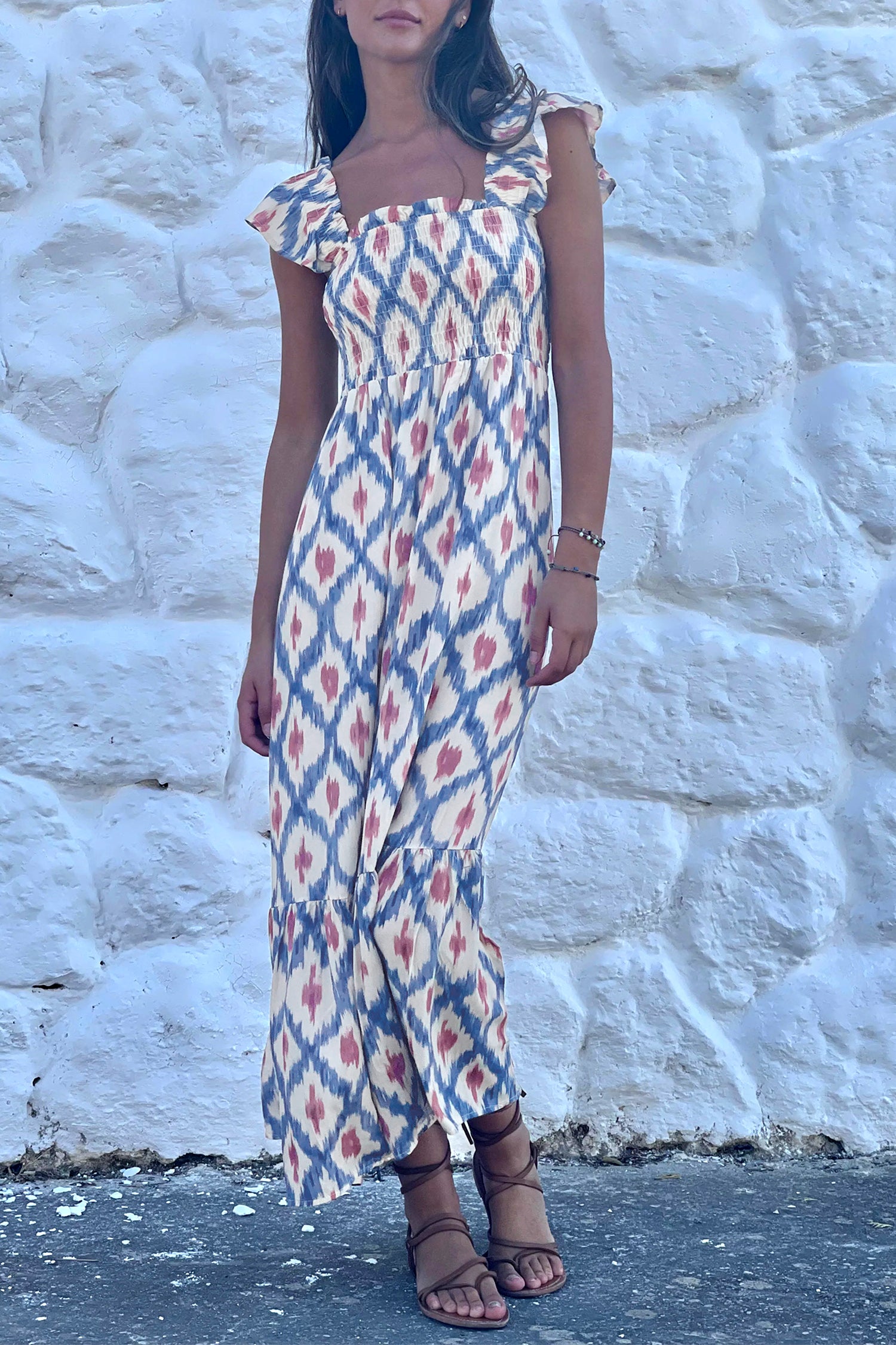 Robe femme à volants, smocké, taille haute — bleu ciel