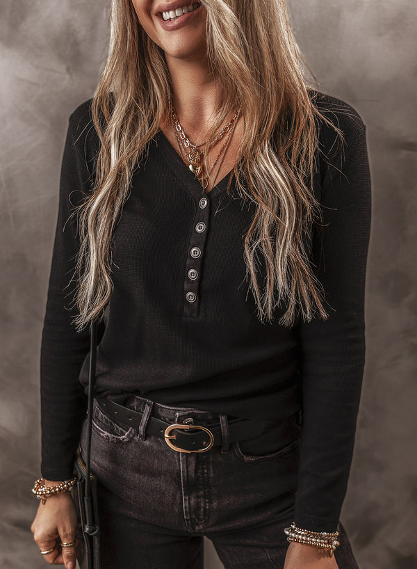 Haut femme boutonnée, manches longues, col V, côtelé — noir