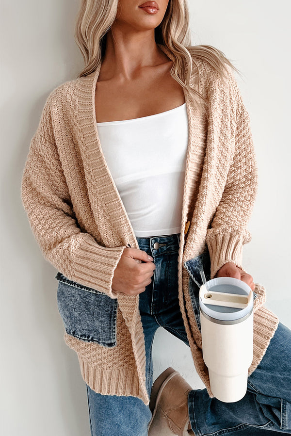 Smoke Gray Open Front Knitted Denim Pocket Patchwork Cardigan femme