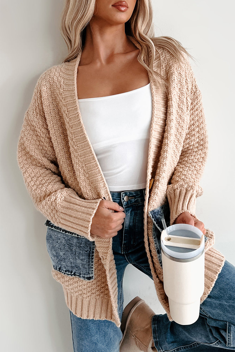 Smoke Gray Open Front Knitted Denim Pocket Patchwork Cardigan femme