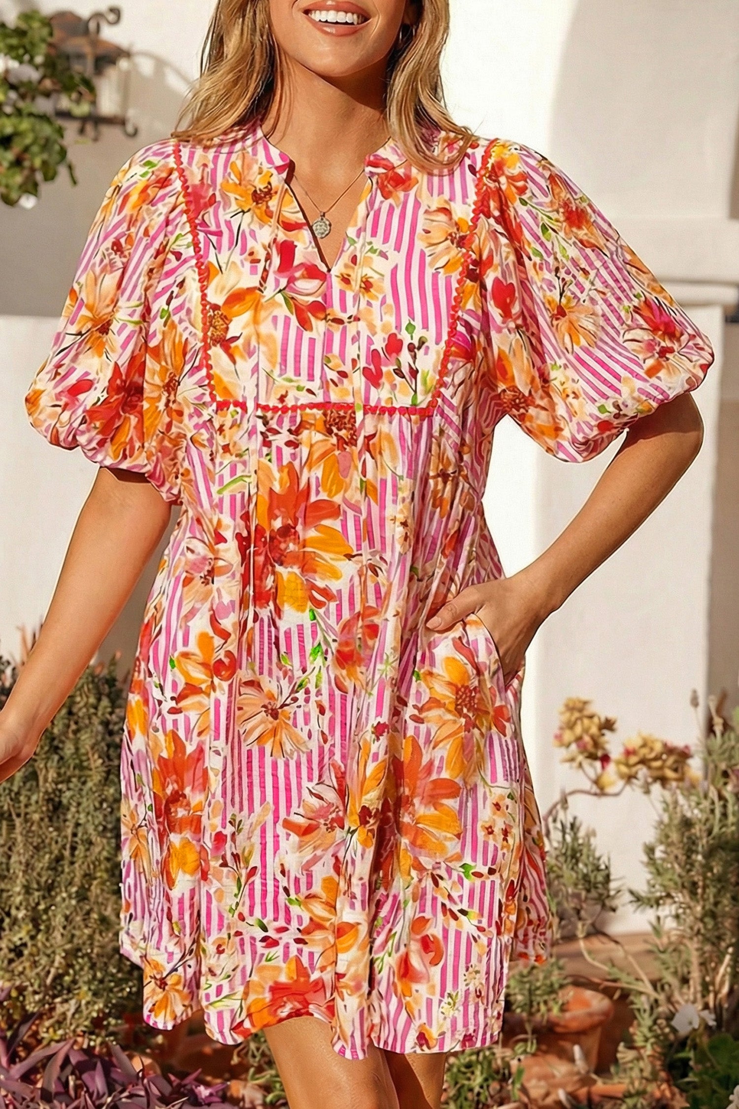 Robe courte femme floral, rayé, manches bouffantes, ample — rose