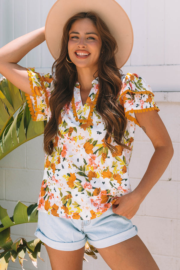 Blouse femme floral, à volants, manches courtes, col V, festonné — orange