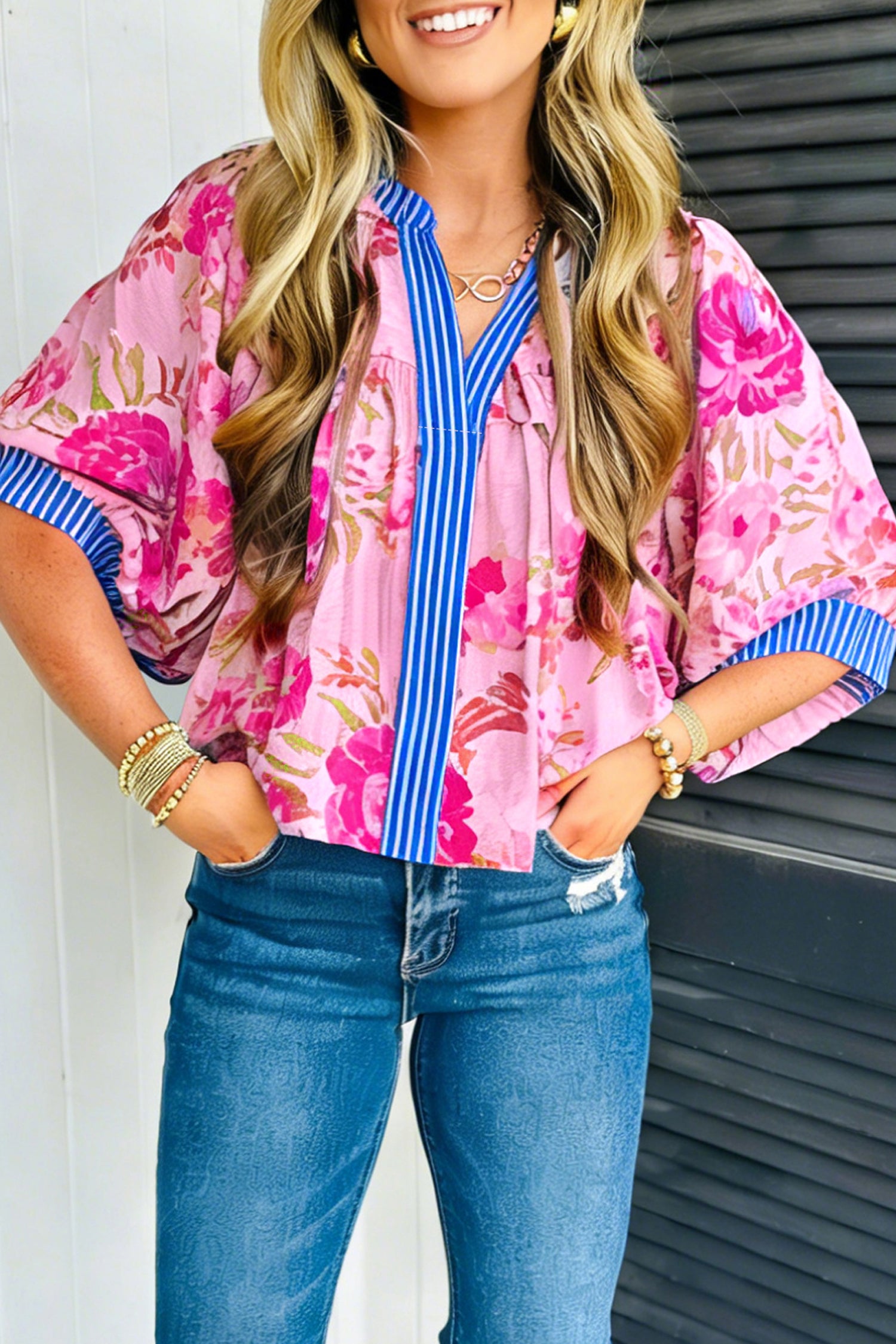 Blouse femme floral, rayé, manches 3/4, col V — multicolore