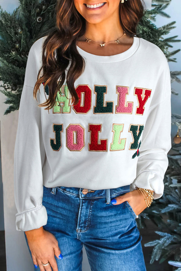 Sweat femme brodé, graphique, Noël — blanc
