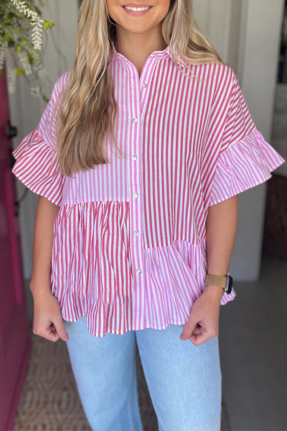 Chemise femme rayé, patchwork, à volants, boutonnée — rose