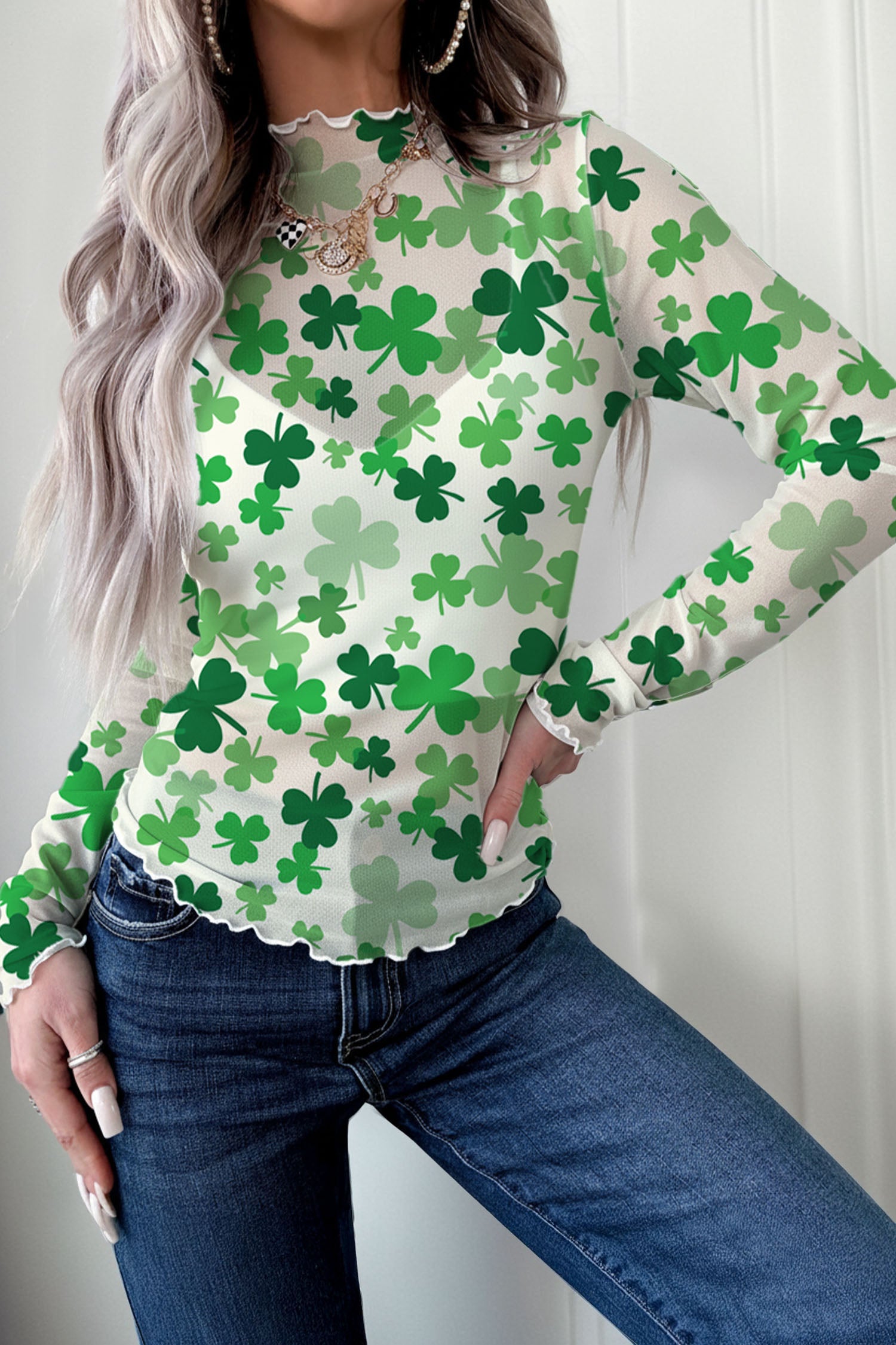 Haut femme transparent, manches longues, col montant — vert
