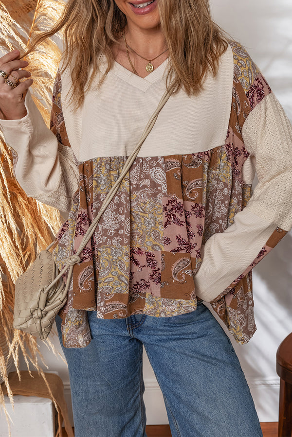 Haut femme patchwork, manches longues, ample — beige