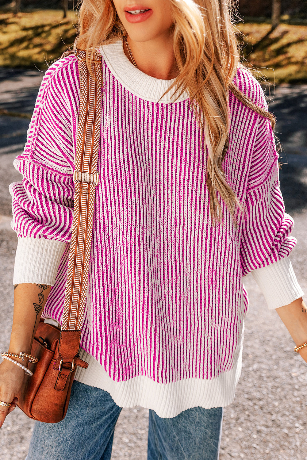 Pull femme rayé, en maille, ample — rose vif