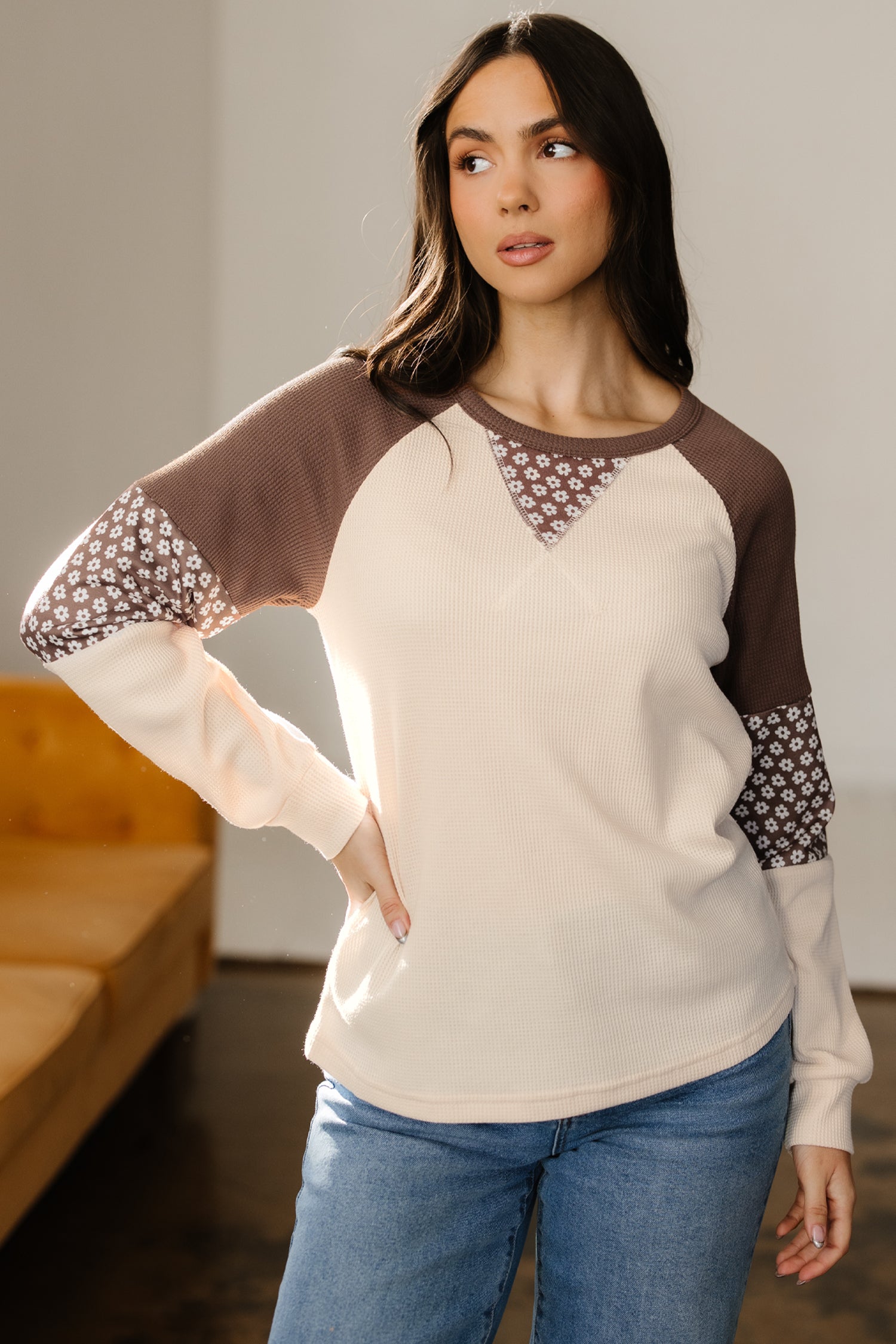 Haut femme floral, patchwork, manches longues, colorblock — marron-P1720