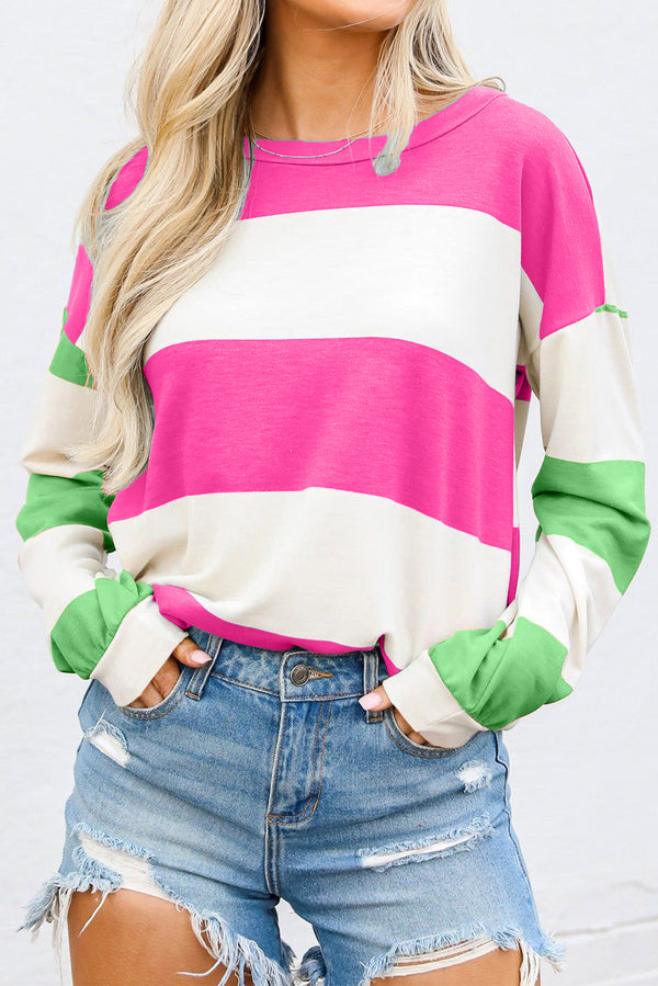 Haut femme rayé, manches longues, épaules tombantes, colorblock — rouge rose